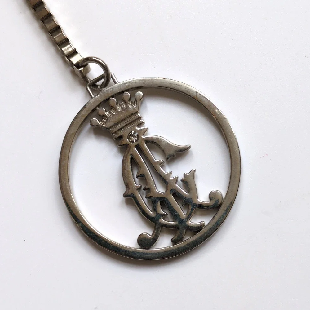 Vtg Y2K Christian Audigier Purse Charm Hang Tag Silver Logo Crown Rhinestone Fob